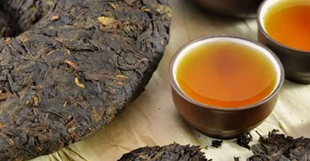 Torta di tè pressato rotonda appoggiata su un piano, accompagnata da piccole tazzine da degustazione e accessori da tè.