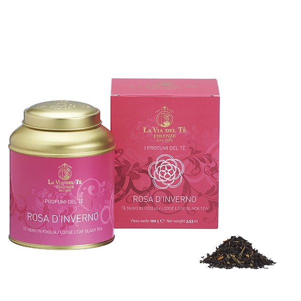Rose-flavoured black tea and green bancha tea in tin 100 grams tin Rosa d'Inverno La Via del Tè