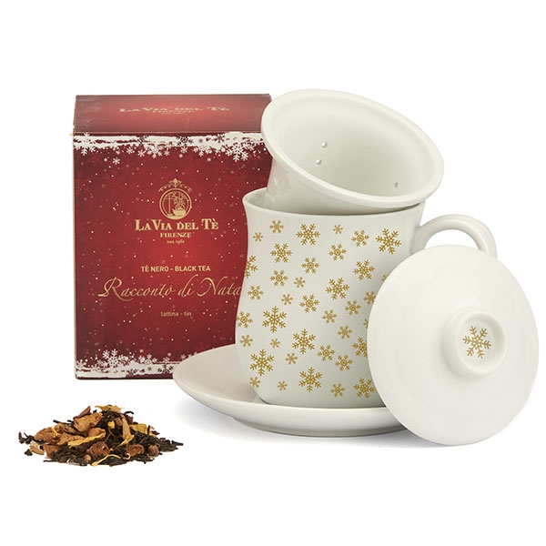 Porcelain herbal tea mug with saucer and strainer 