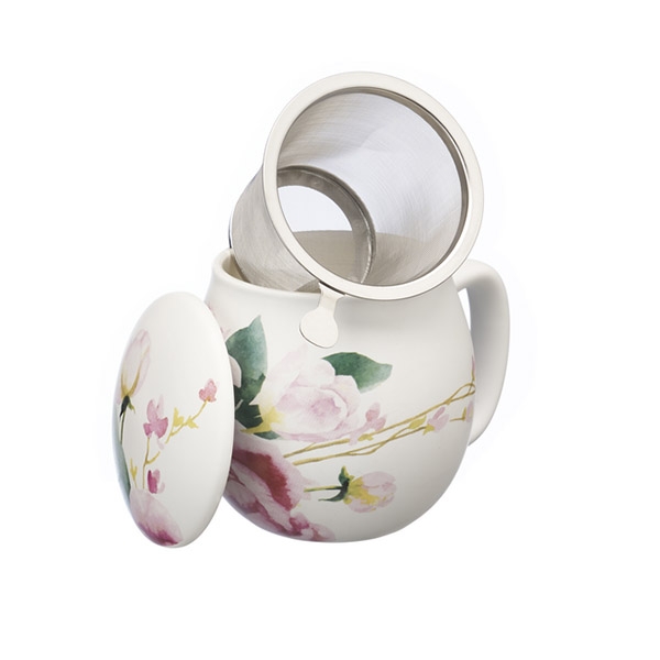 Tea mug with lid and stainless steel infuser, 0,35 lt, Pink Flowers