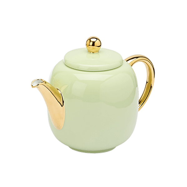 Elegant  ultrafine porcelain teapot, with hand sprayed finishing colour for a glossy and uniform result.The golden details embellish the teapot making it a perfect gift. Also available in baby blue, shell pink and arylide yellow color.